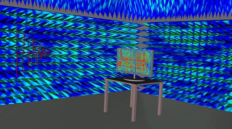 Ansys HFSS Mesh Fusion으로 EMI 챔버 내 터치스크린 TV 패널의 전자기 방출을 시뮬레이션하는 이미지